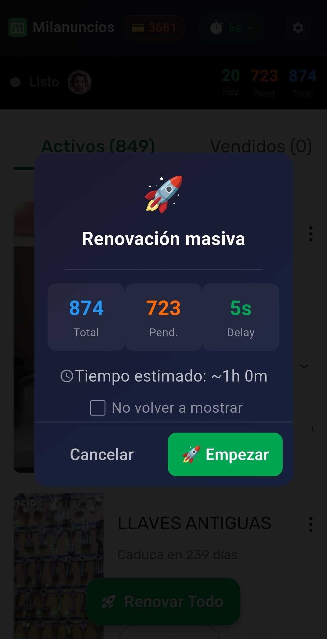 Modal de confirmación de renovación masiva