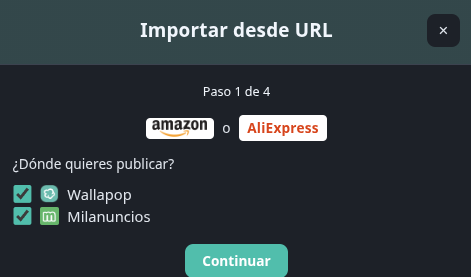 Paso 1: elegir Wallapop y Milanuncios como destinos de la importación